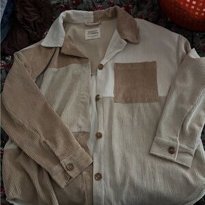 Francesca's Collections Corduroy Shirt Jacket - Tan and Cream